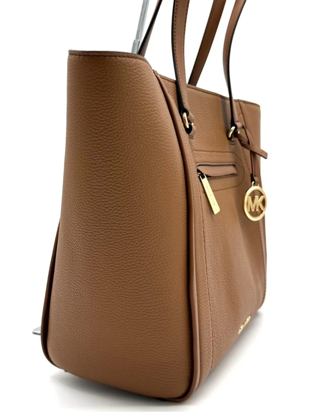 MICHAEL KORS Carine Front Zip Leather Large Tote Bag Luggage Brown